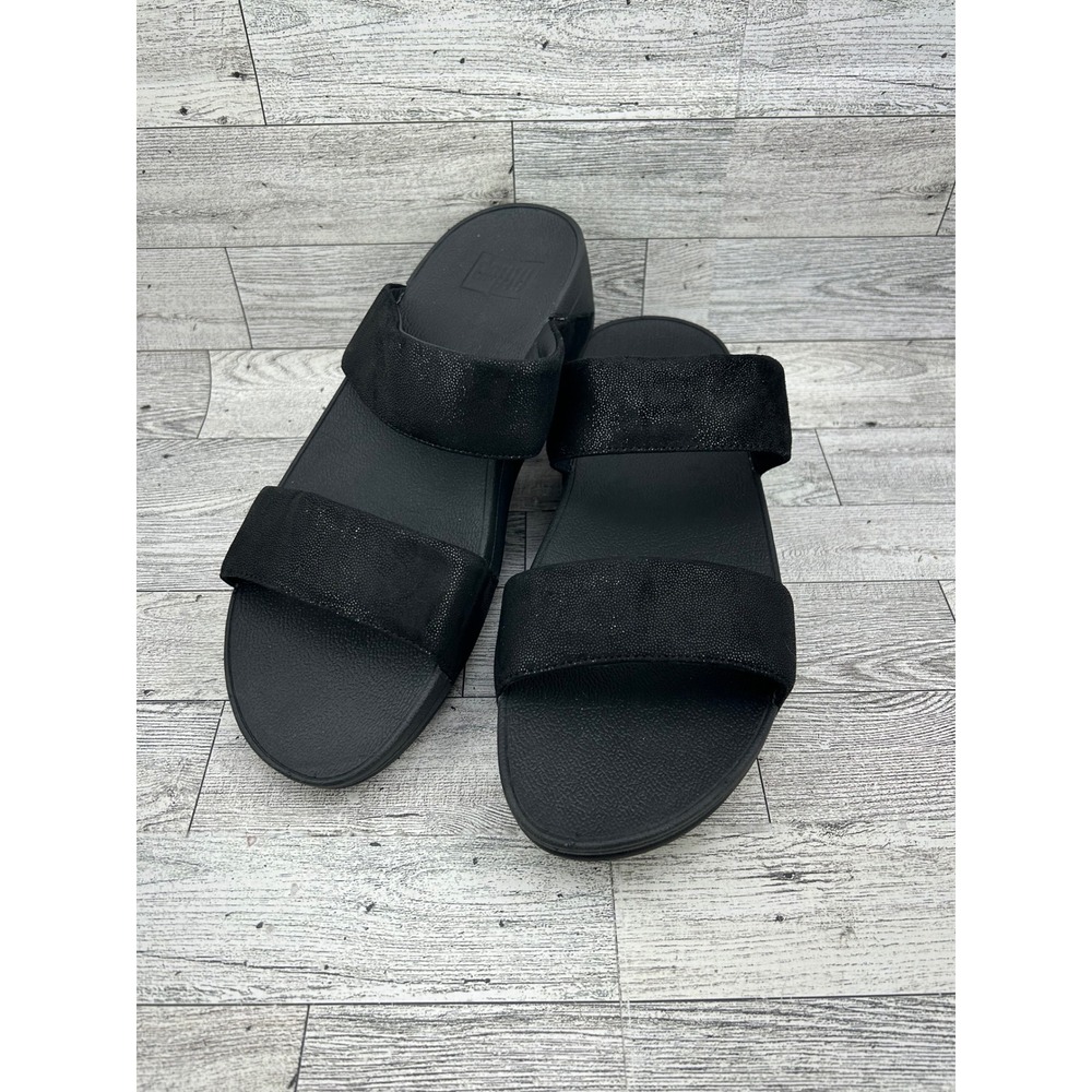 FitFlop Lulu Shimmer Suede Slide Sandals Black Microwobbleboard Women Size 9